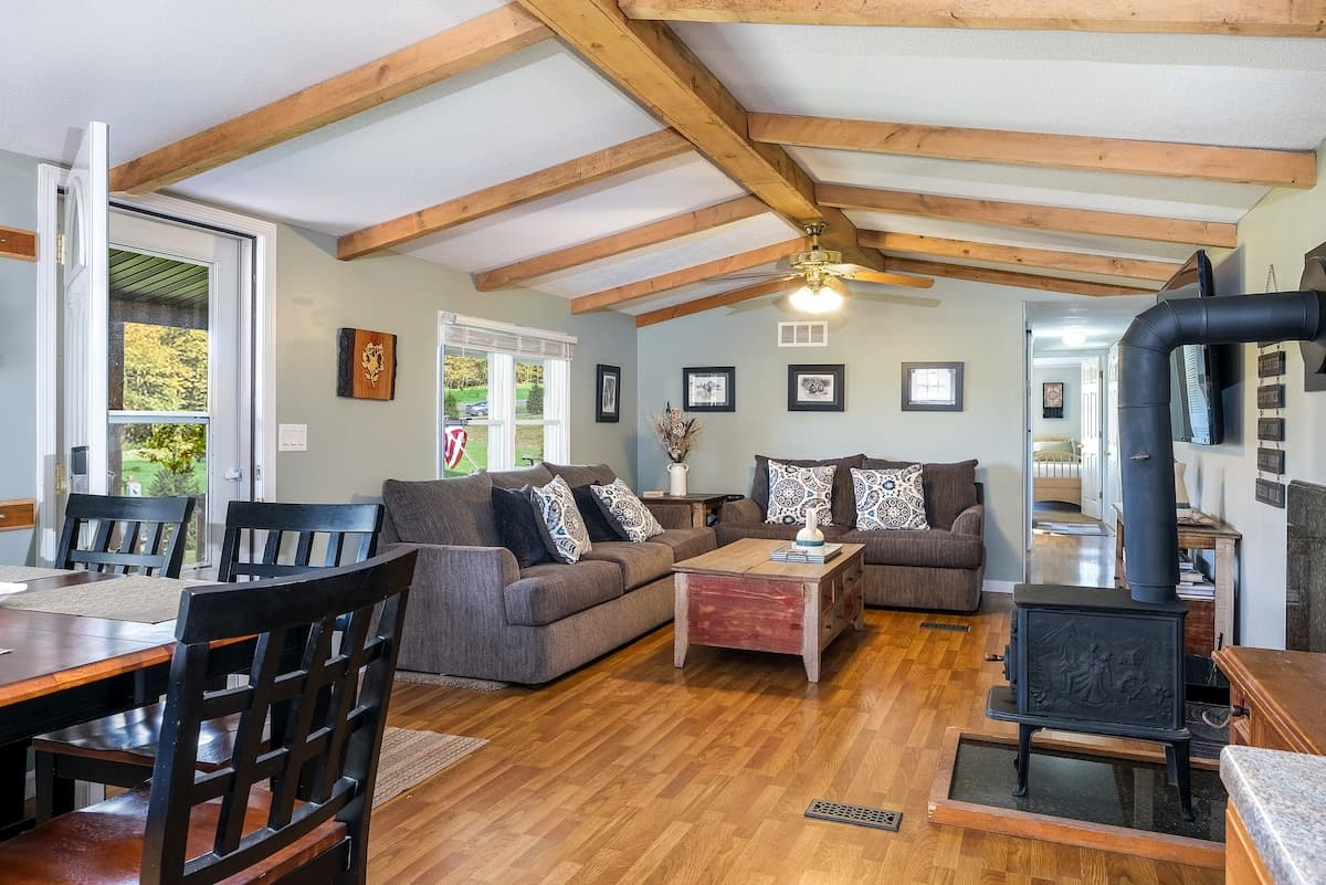Cozy living space at Mountain View Home for a winter Catskills weekend