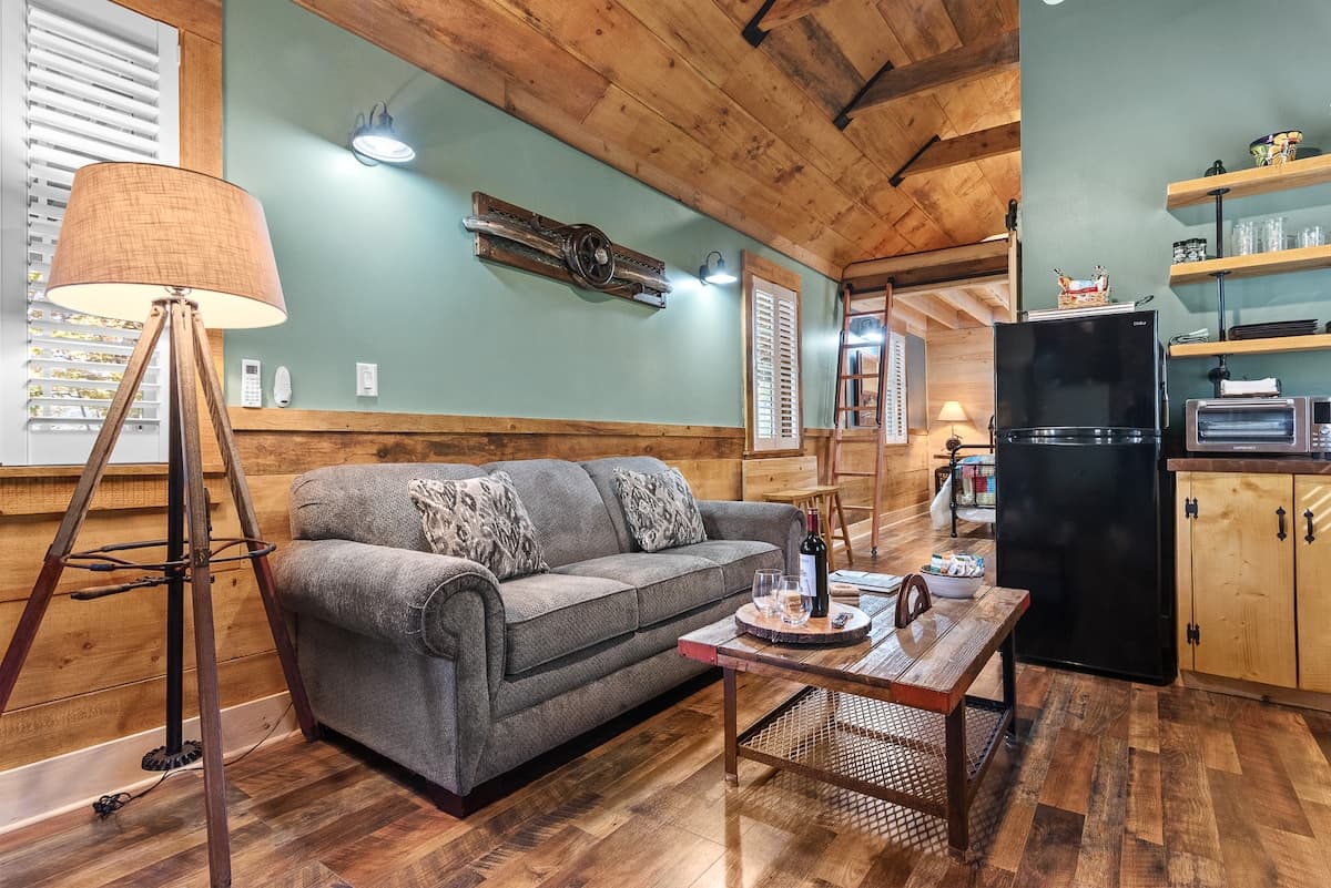 Cozy cabin sitting area for reading after a Hobart Book Village day trip